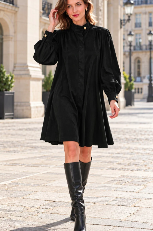 Robe suédine à col montant et boutons dorés